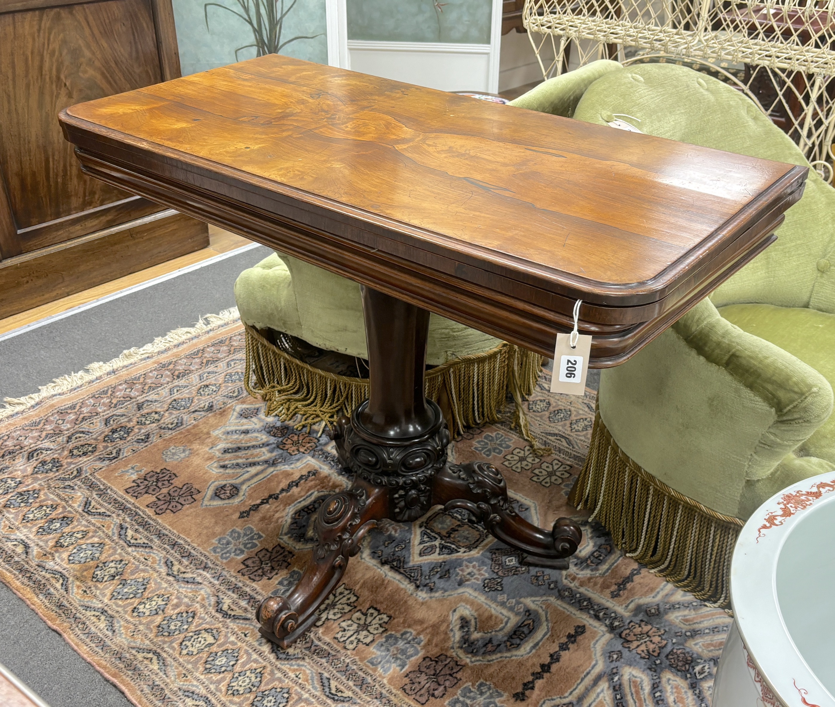 A Victorian rectangular rosewood folding tea table, width 99cm, depth 49cm, height 77cm